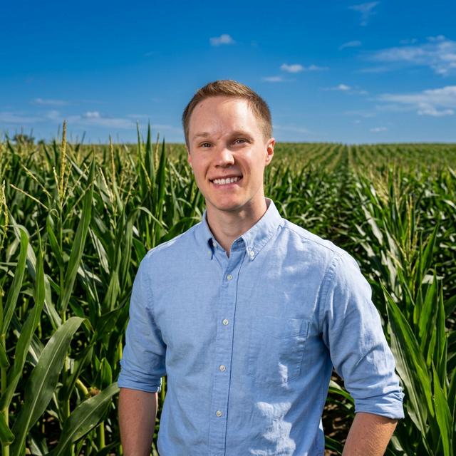 Kole at a corn field, connecting with agricultural clients
