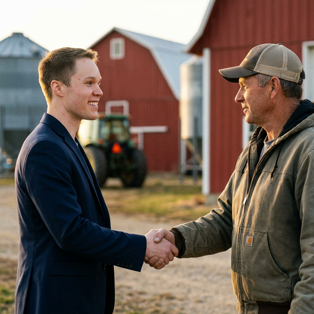 Kole shaking hands with client at their farm