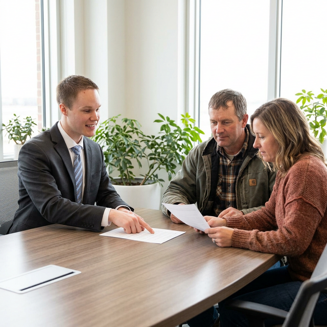 Kole reviewing documents with clients in office